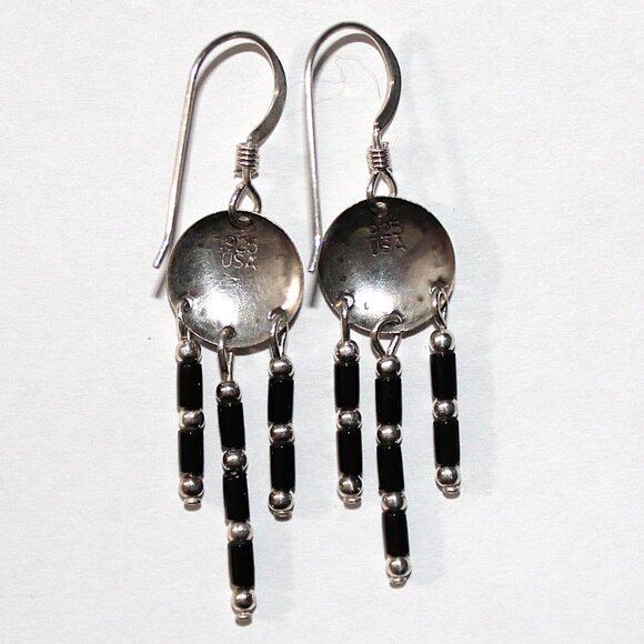 Sterling Silver Small Concho & Black Bead Earrings Southwestern - Picture 2 of 5